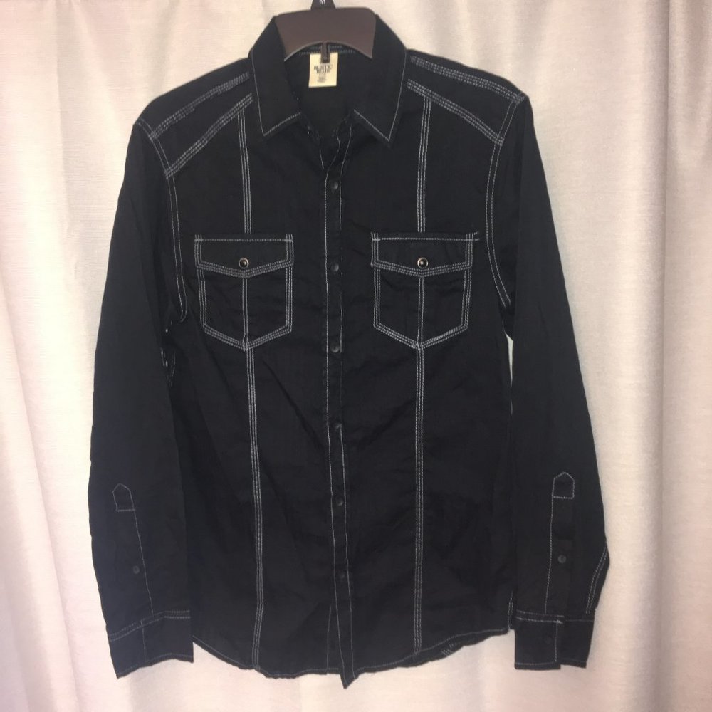 Rustic Blue Black Button Down Shirt Grey Stitches